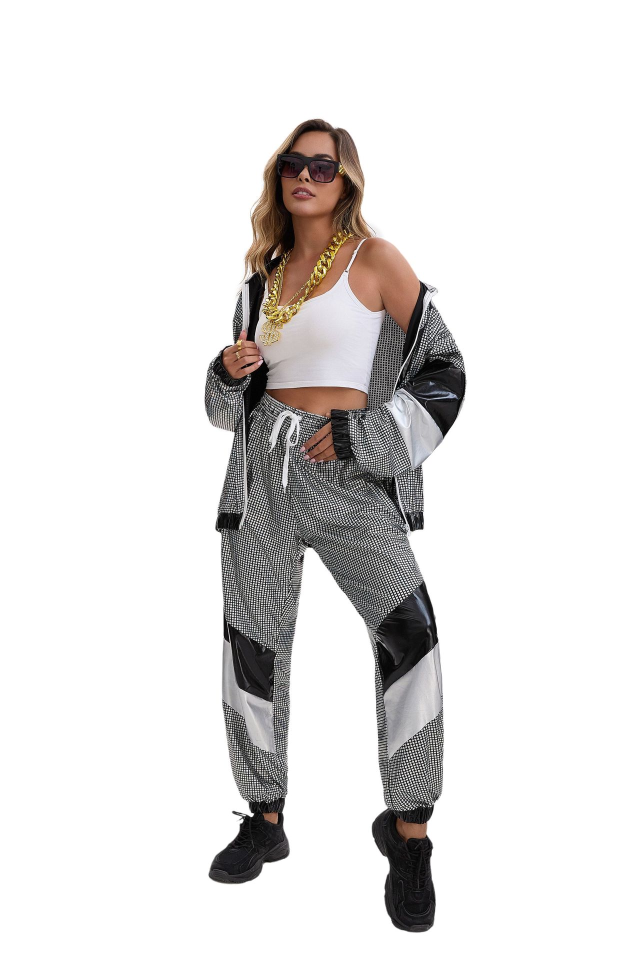 Womens Hip Hop Dance Costume Set 80s Disco Sportswear Two Piece Set Tracksuit